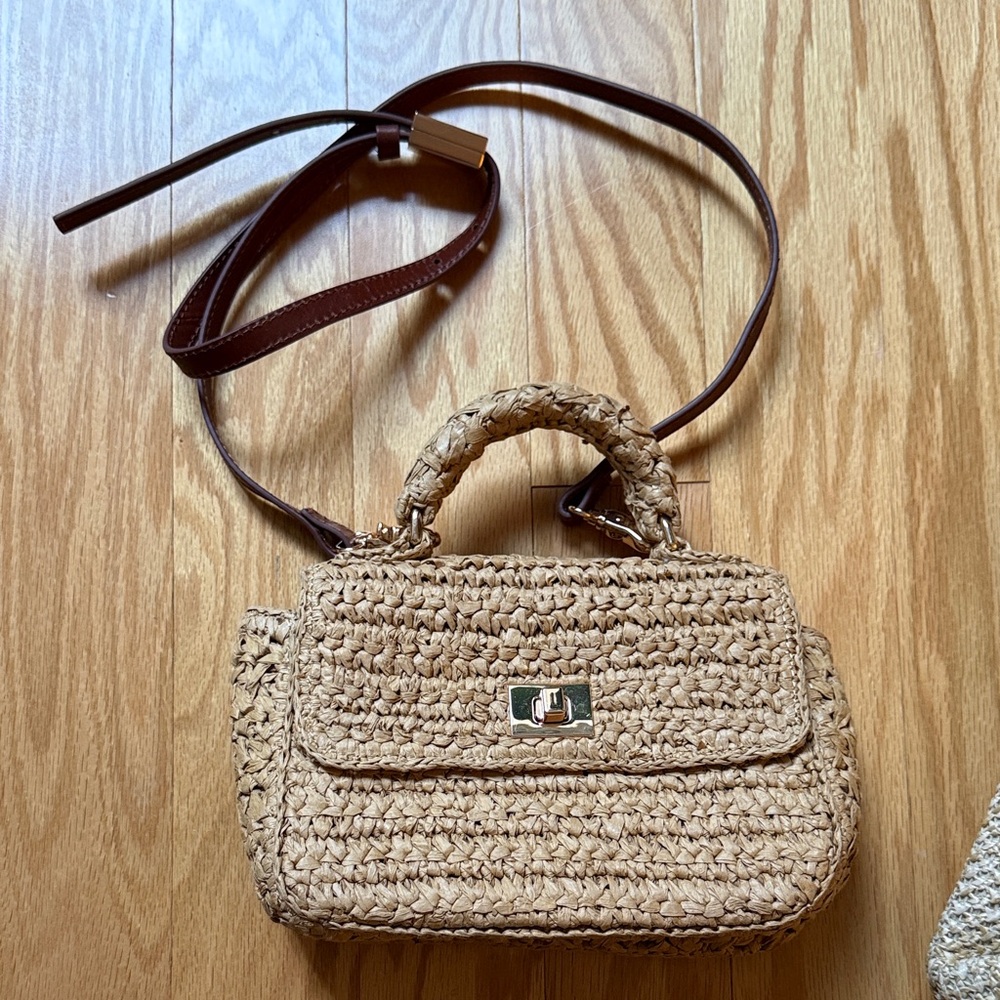 J. Crew Natural Straw Crossbody with Brown Strap
